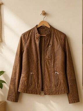 Women's Brown Faux Leather Zip Moto Jacket
